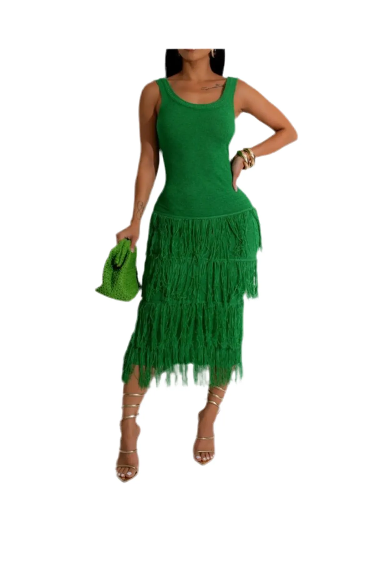 Solid Sleeveless Dress w/ Fringes