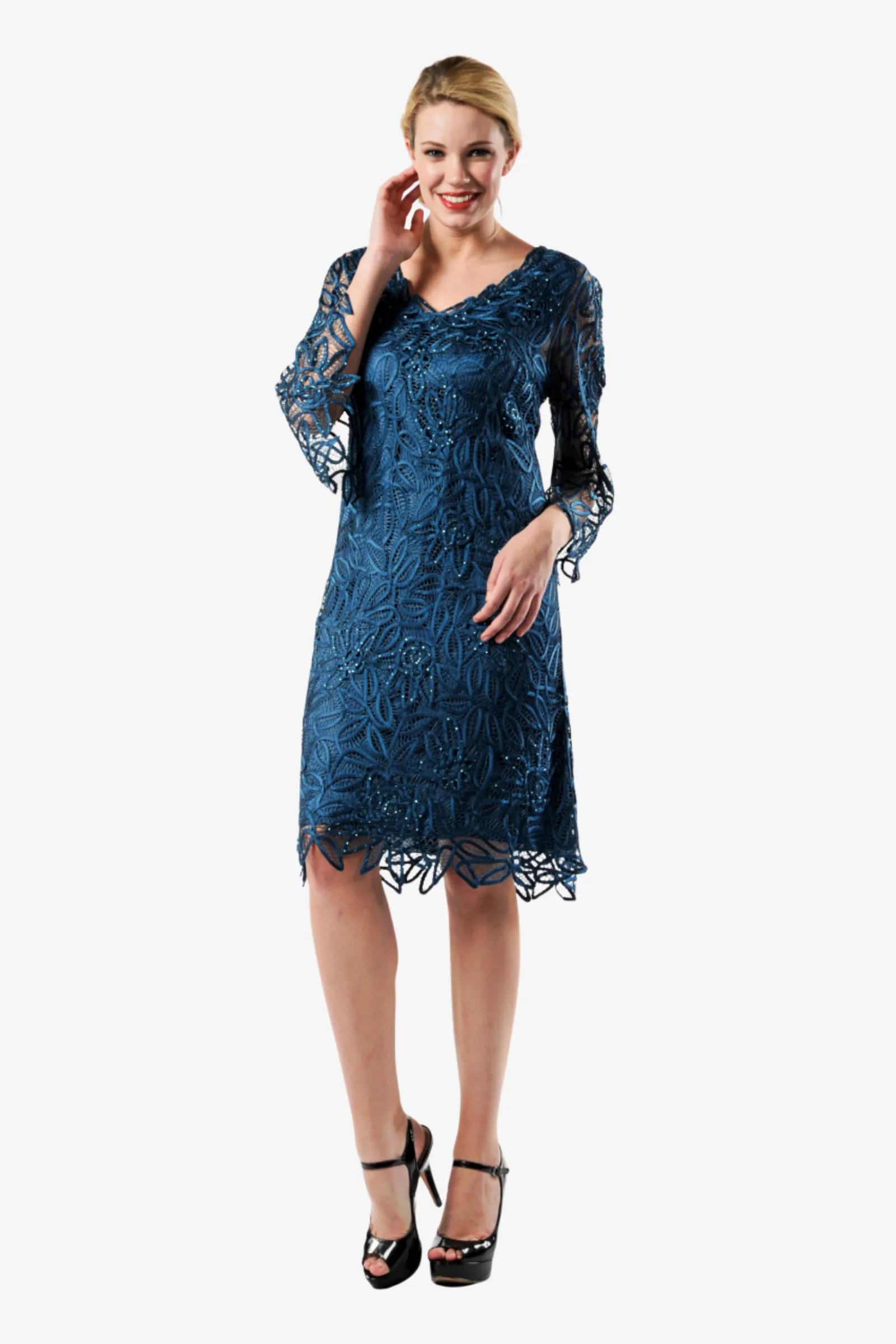 Soulmates C903 Hand Crocheted Lace V-Neck 3/4 Bell-Sleeve Dress