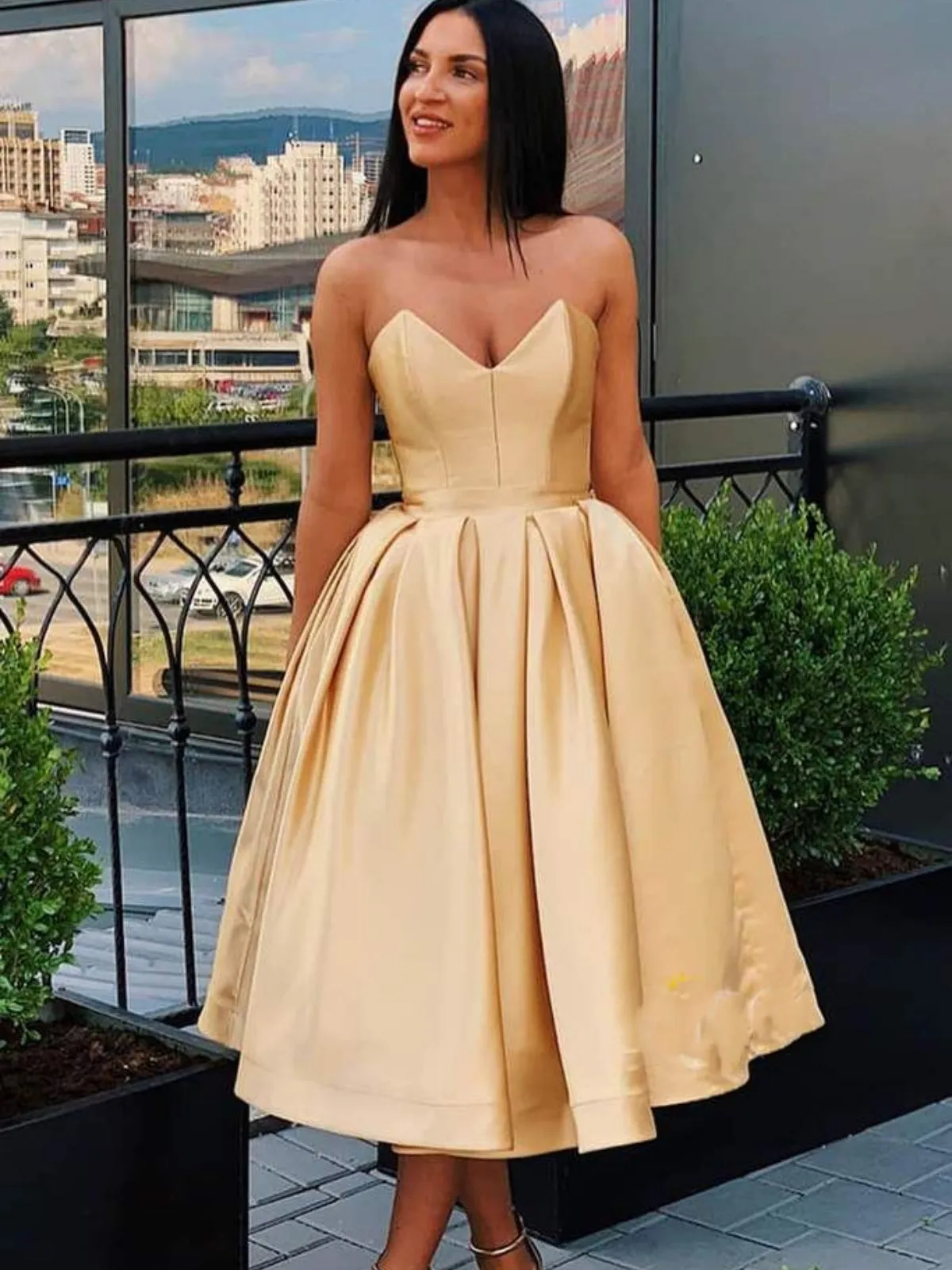 Strapless Tea Length Pink/Champagne Prom Homecoming Dresses, Pink/Champagne Formal Graduation Evening Dresses