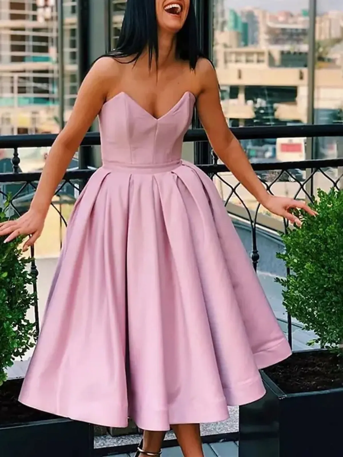 Strapless Tea Length Pink/Champagne Prom Homecoming Dresses, Pink/Champagne Formal Graduation Evening Dresses