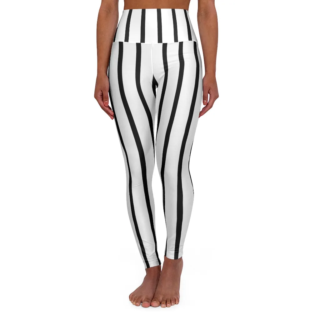 Striped High Waisted Yoga Leggings, Black White Vertical Best Stripes Women's Tights - Made in USA