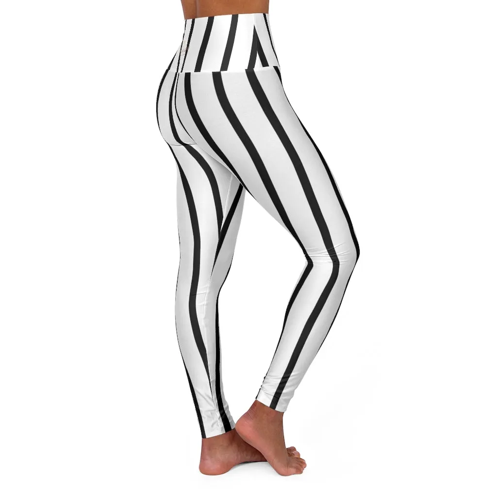 Striped High Waisted Yoga Leggings, Black White Vertical Best Stripes Women's Tights - Made in USA