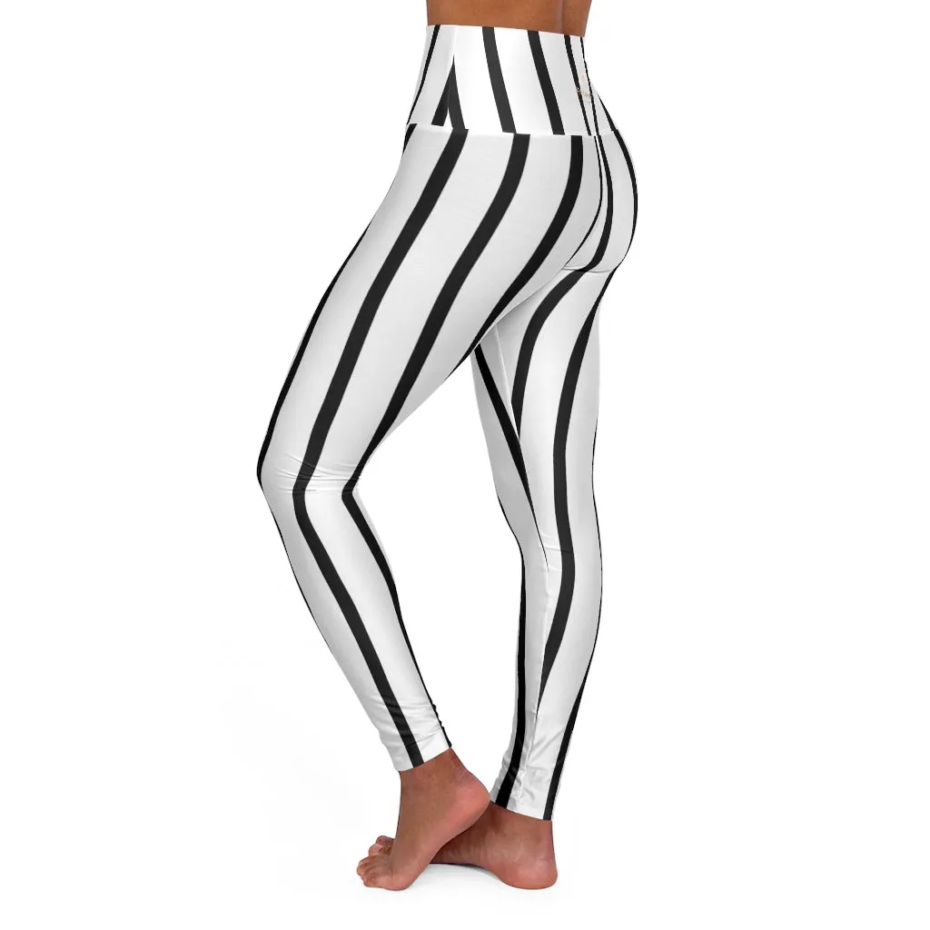 Striped High Waisted Yoga Leggings, Black White Vertical Best Stripes Women's Tights - Made in USA