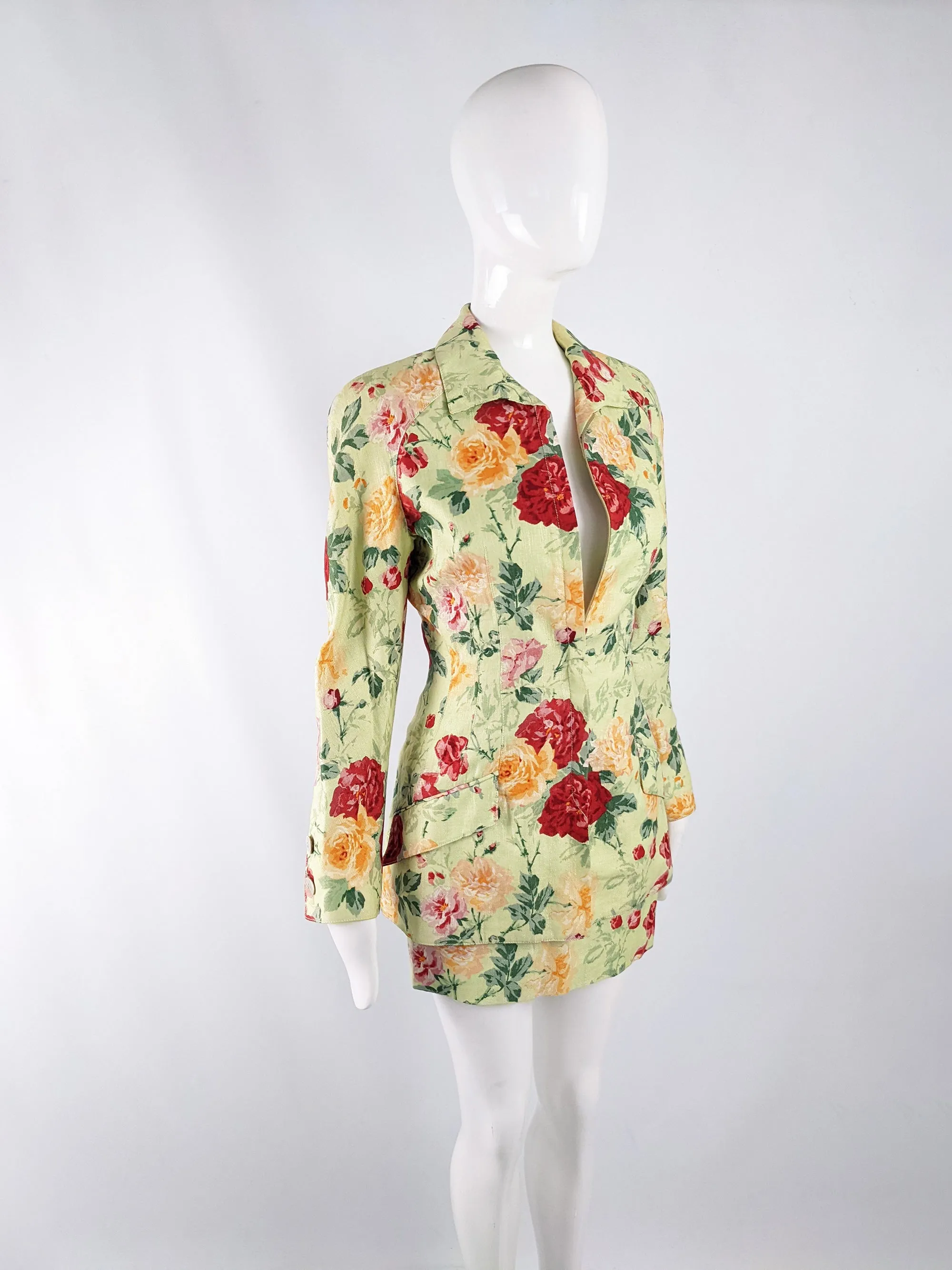 Valentino Vintage Green Linen Floral Skirt Suit, 1990s