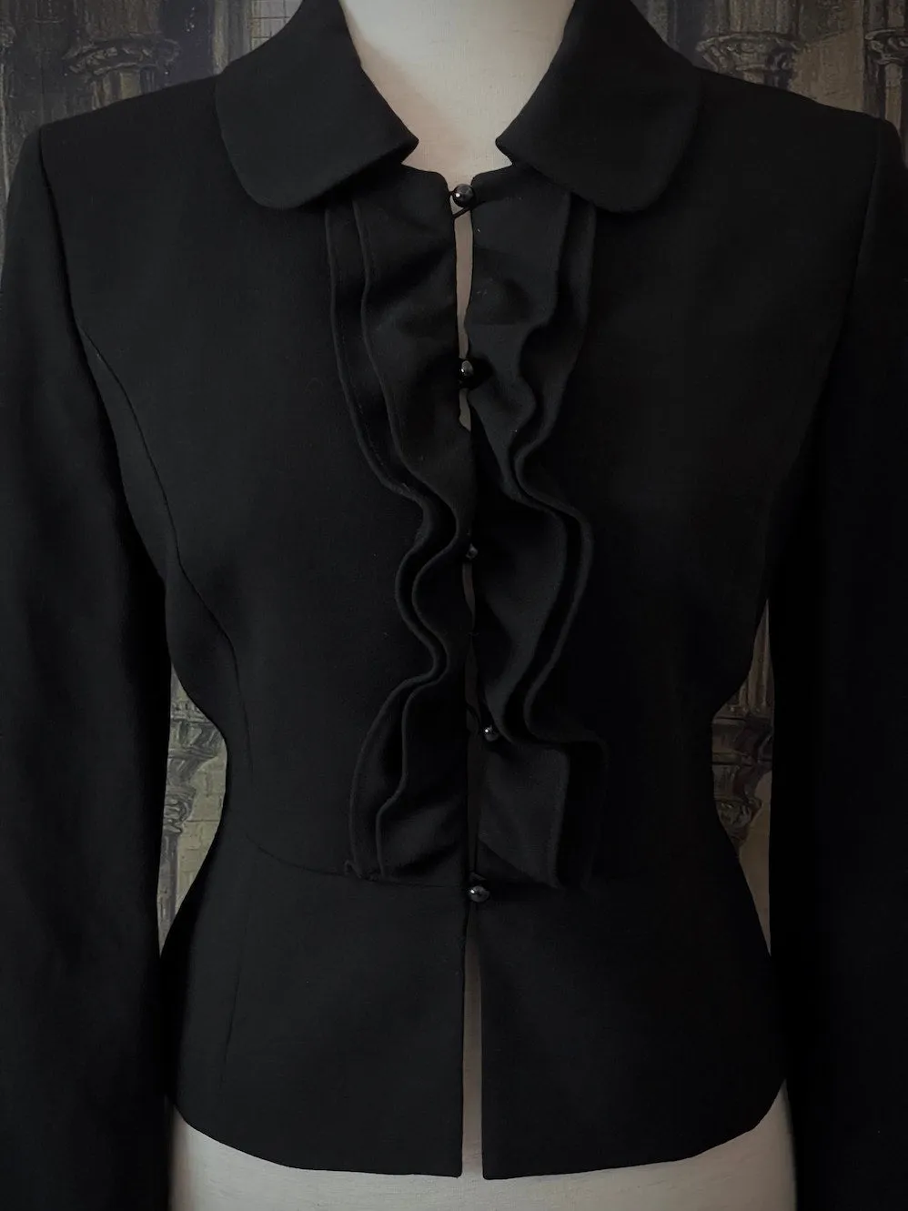 Victorian Inspired Tailored Ruffle Jabot Jacket in Gothic Black - Size S/M