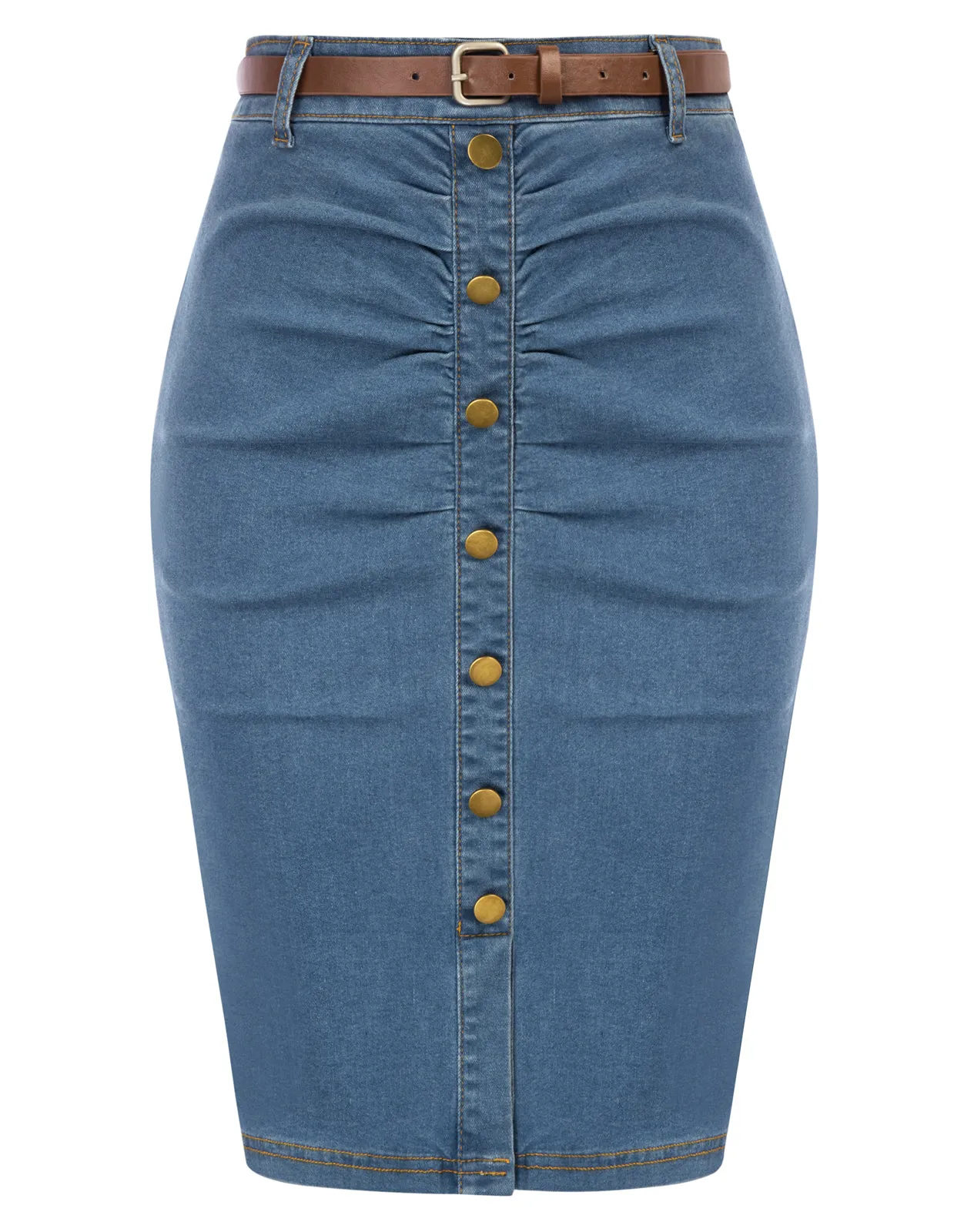 Vintage Jean Skirt with Belt High Waist Ruched Front Bodycon Skirt