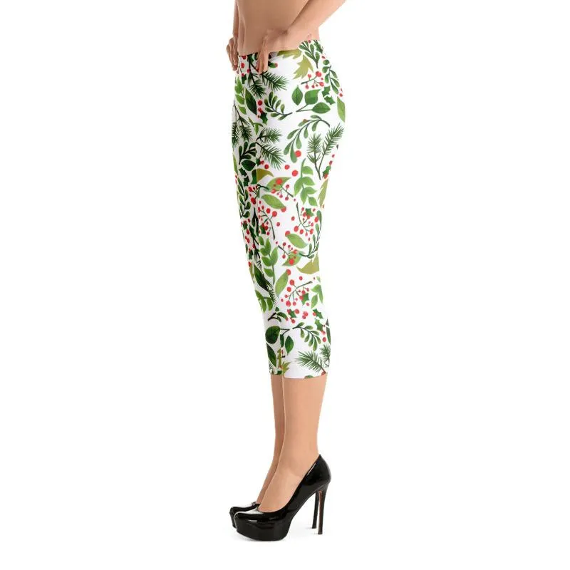 White Green Christmas Capris Leggings, Winter Floral Women's Capri Leggings Tights-  Made in USA/ EU