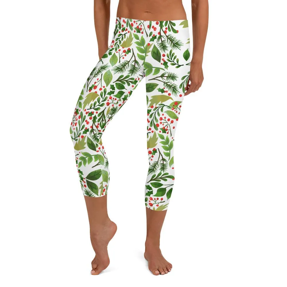 White Green Christmas Capris Leggings, Winter Floral Women's Capri Leggings Tights-  Made in USA/ EU