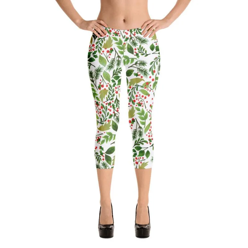 White Green Christmas Capris Leggings, Winter Floral Women's Capri Leggings Tights-  Made in USA/ EU