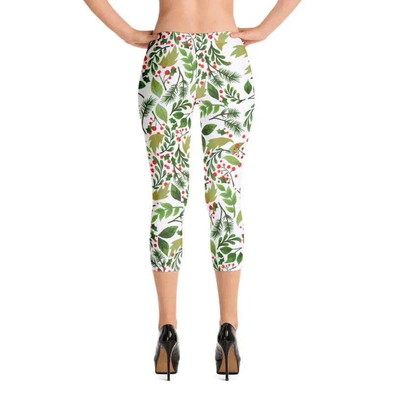 White Green Christmas Capris Leggings, Winter Floral Women's Capri Leggings Tights-  Made in USA/ EU