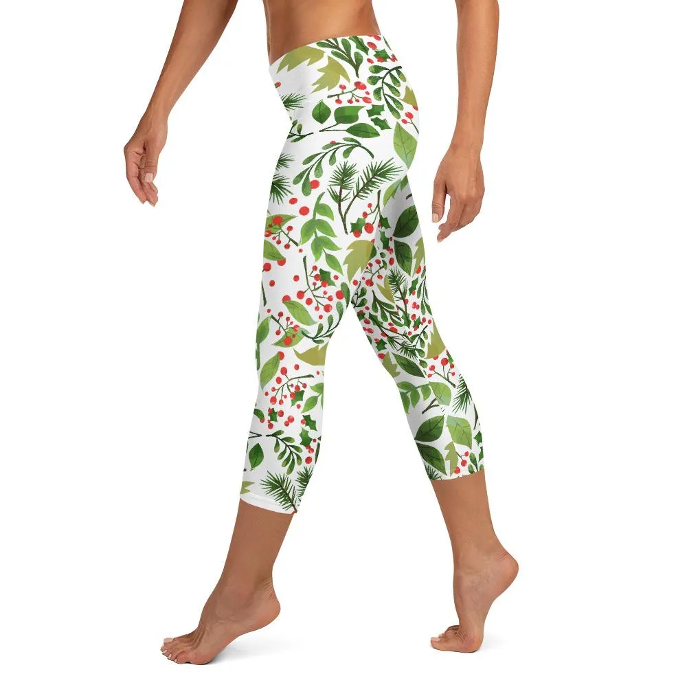 White Green Christmas Capris Leggings, Winter Floral Women's Capri Leggings Tights-  Made in USA/ EU