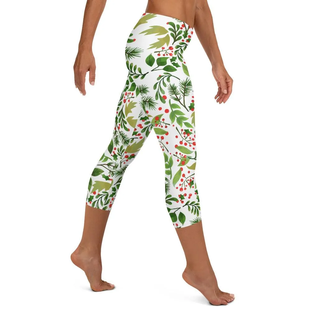 White Green Christmas Capris Leggings, Winter Floral Women's Capri Leggings Tights-  Made in USA/ EU