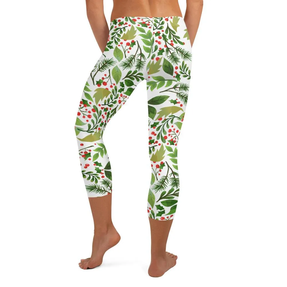 White Green Christmas Capris Leggings, Winter Floral Women's Capri Leggings Tights-  Made in USA/ EU