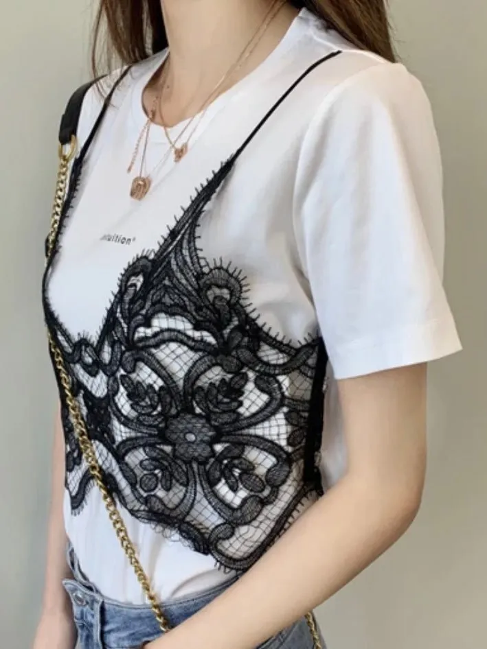 White T-shirt black lace double layer