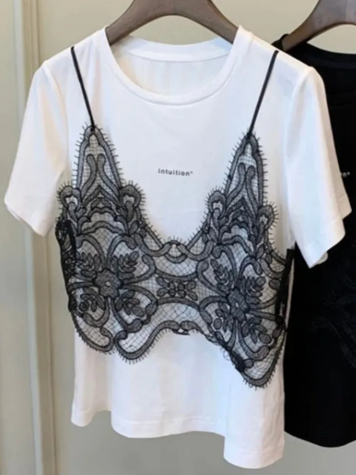 White T-shirt black lace double layer