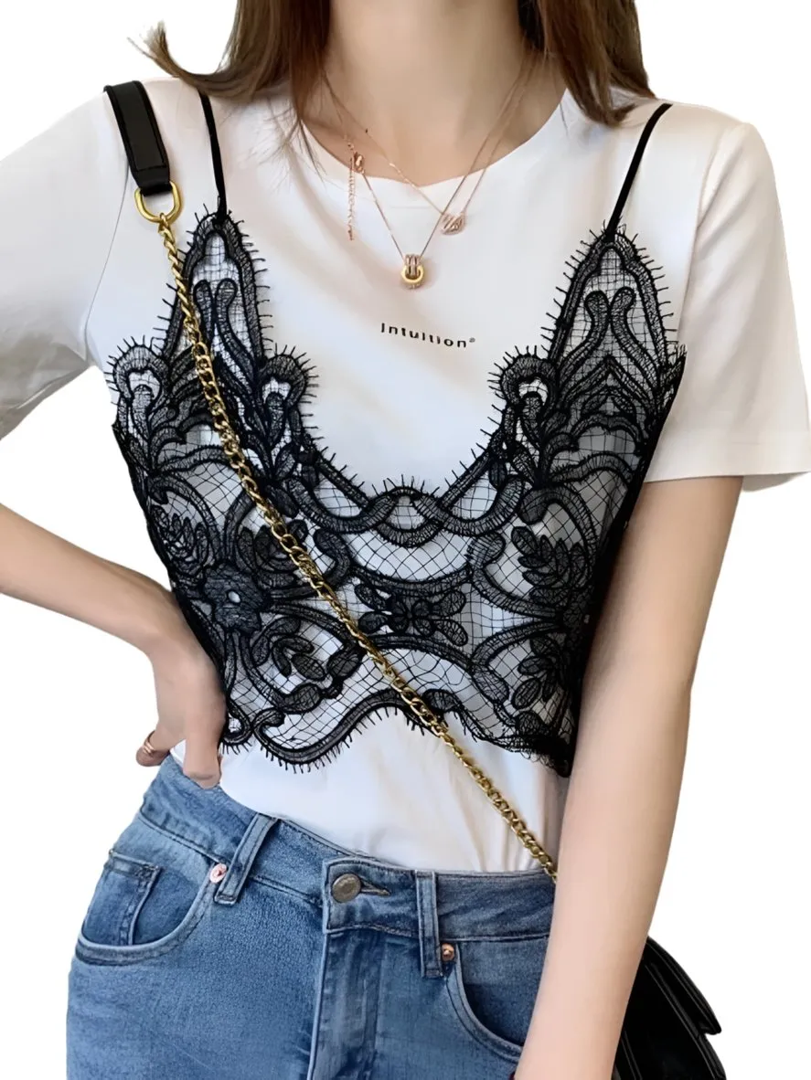 White T-shirt black lace double layer