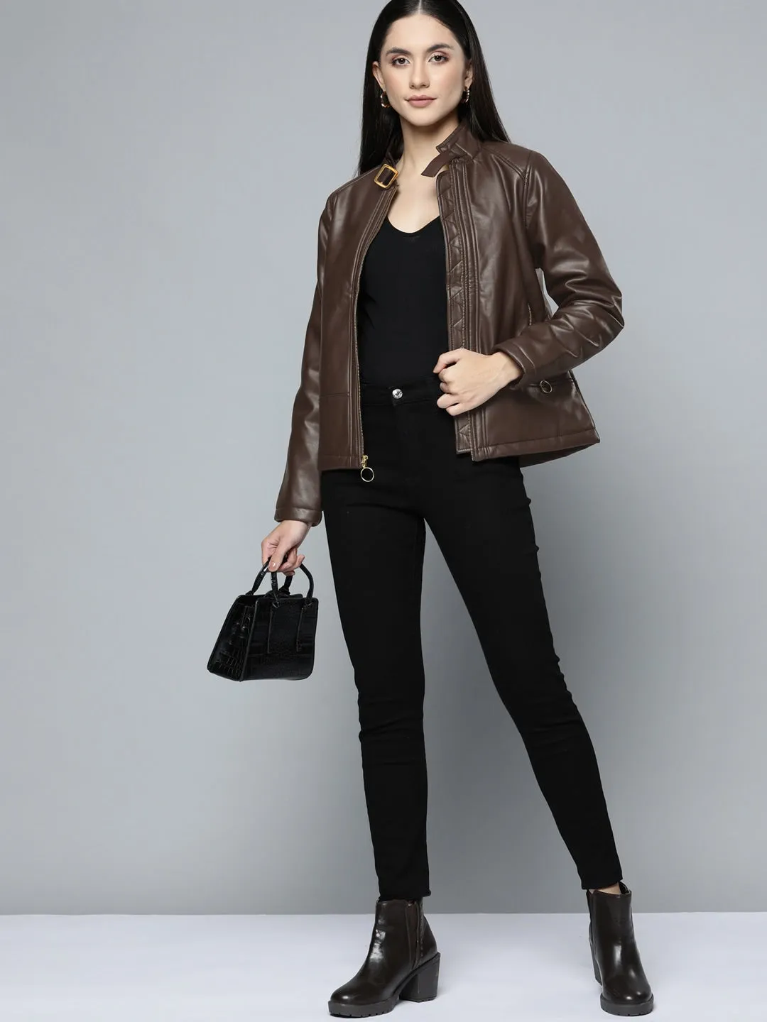 Women Coffee Brown Solid Biker Jacket | QAWACH