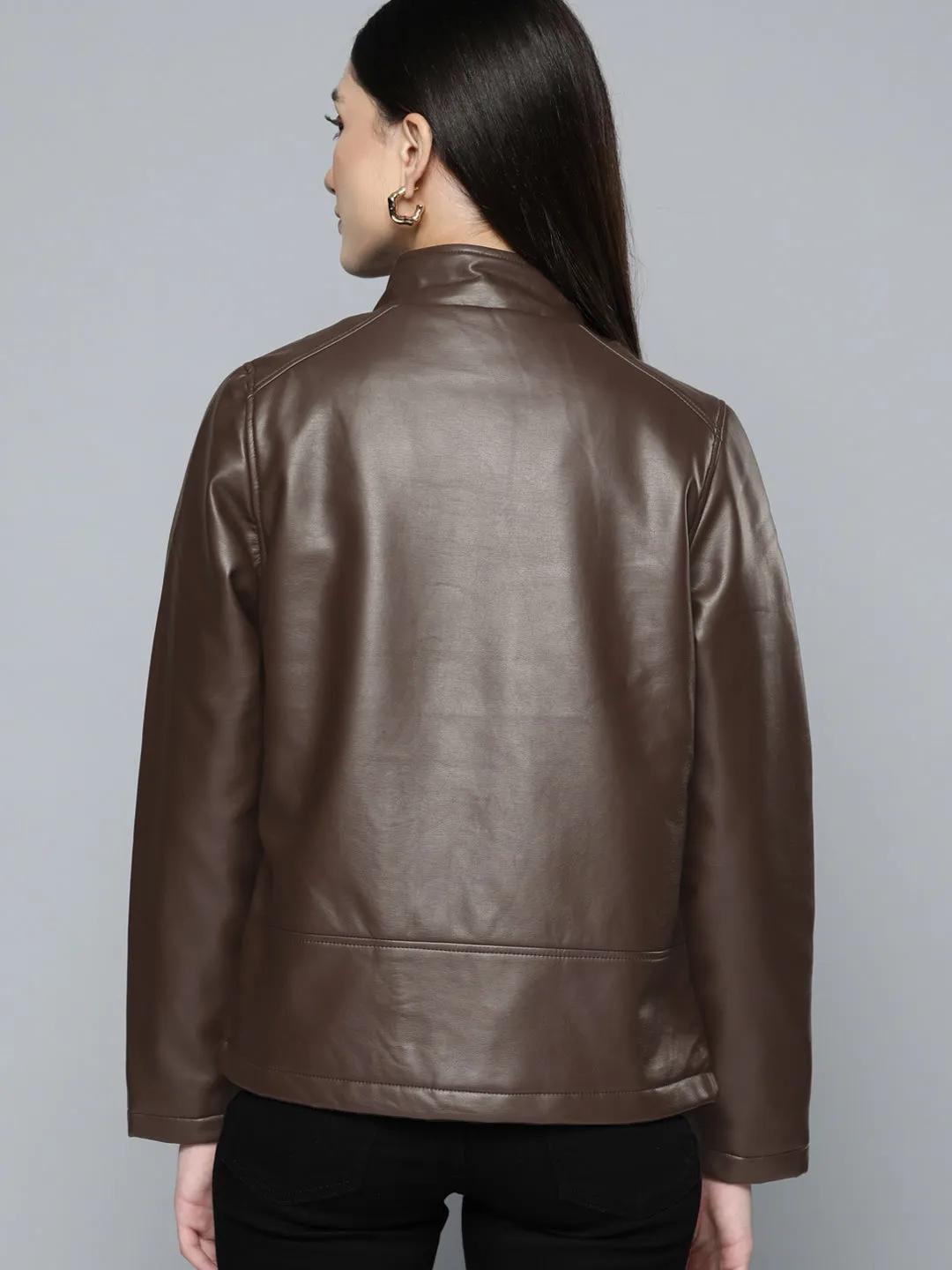 Women Coffee Brown Solid Biker Jacket | QAWACH