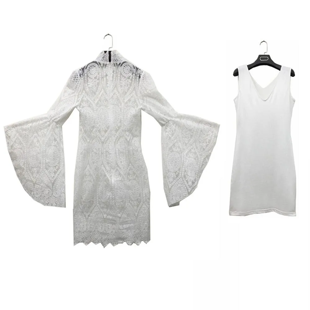 Women evening party turtleneck lace flower flare sleeve white dress