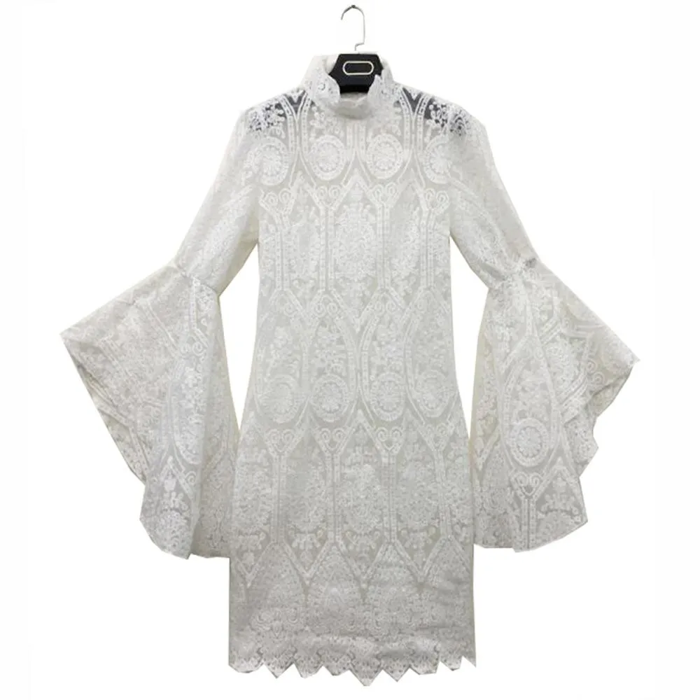 Women evening party turtleneck lace flower flare sleeve white dress