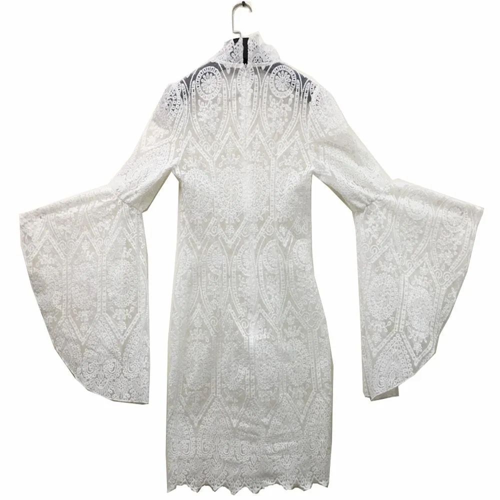 Women evening party turtleneck lace flower flare sleeve white dress