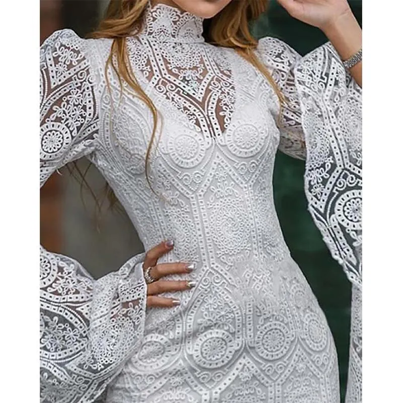 Women evening party turtleneck lace flower flare sleeve white dress