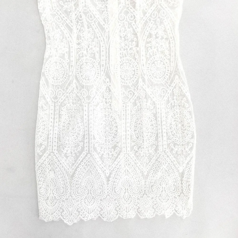 Women evening party turtleneck lace flower flare sleeve white dress