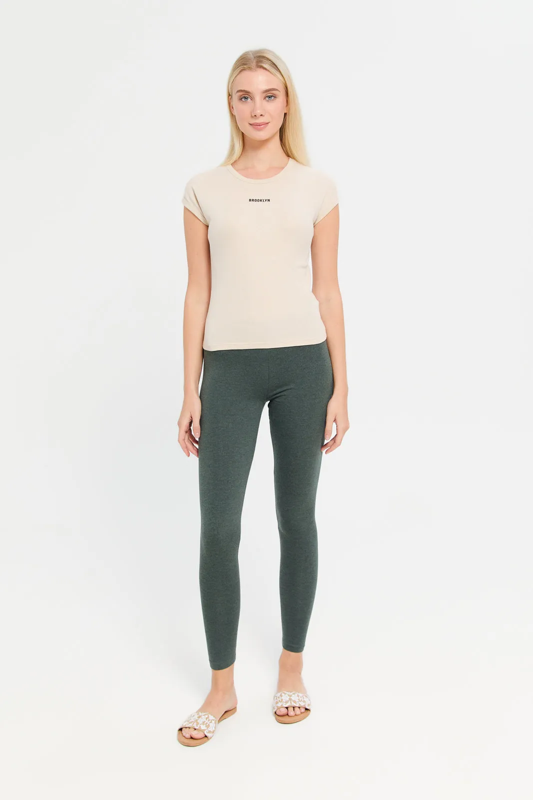 Women Olive And Grey Solid Leggings (Pack of 2)