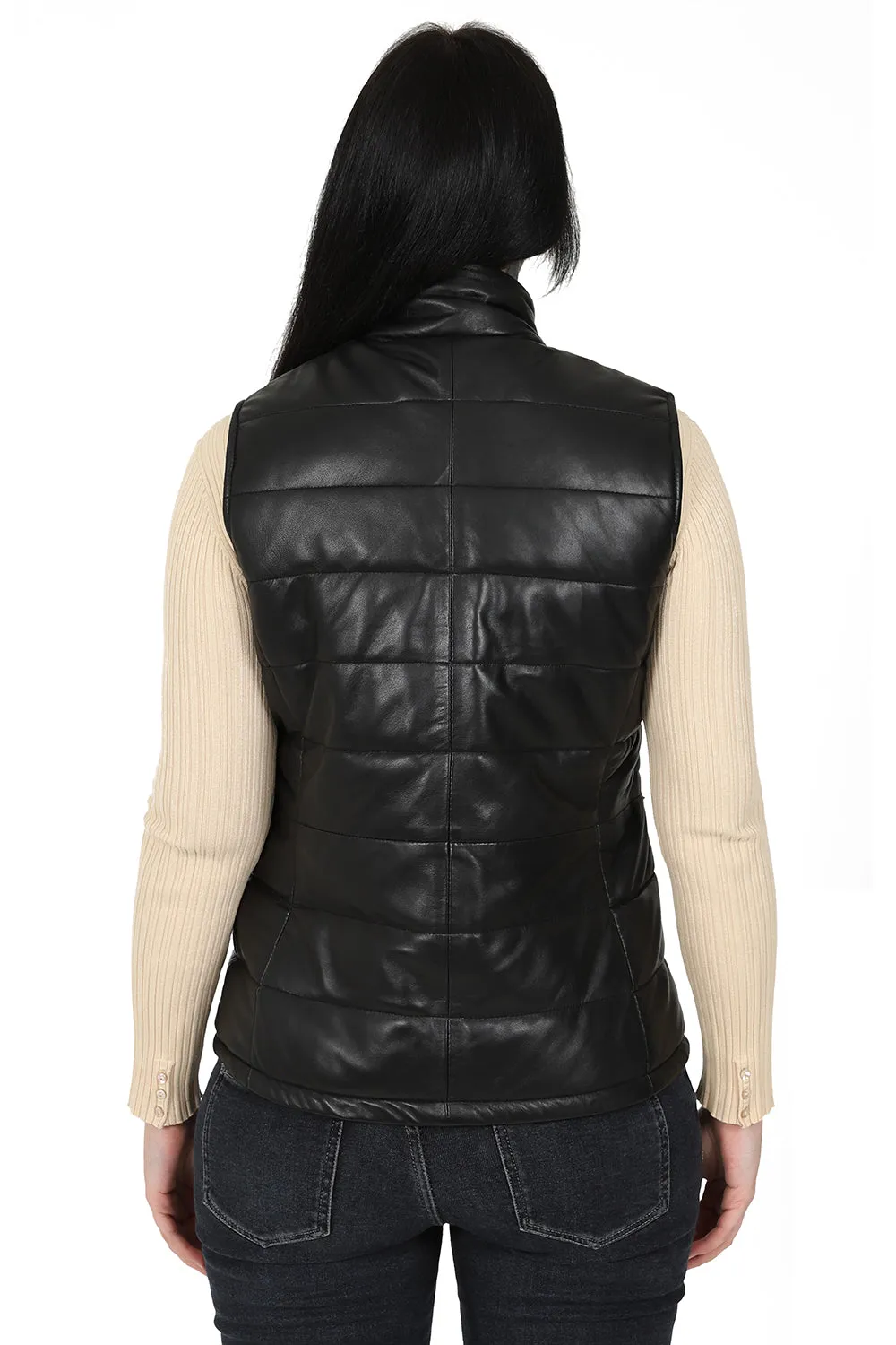 Women's Black Quilted Leather Gilet - SAMANTHA