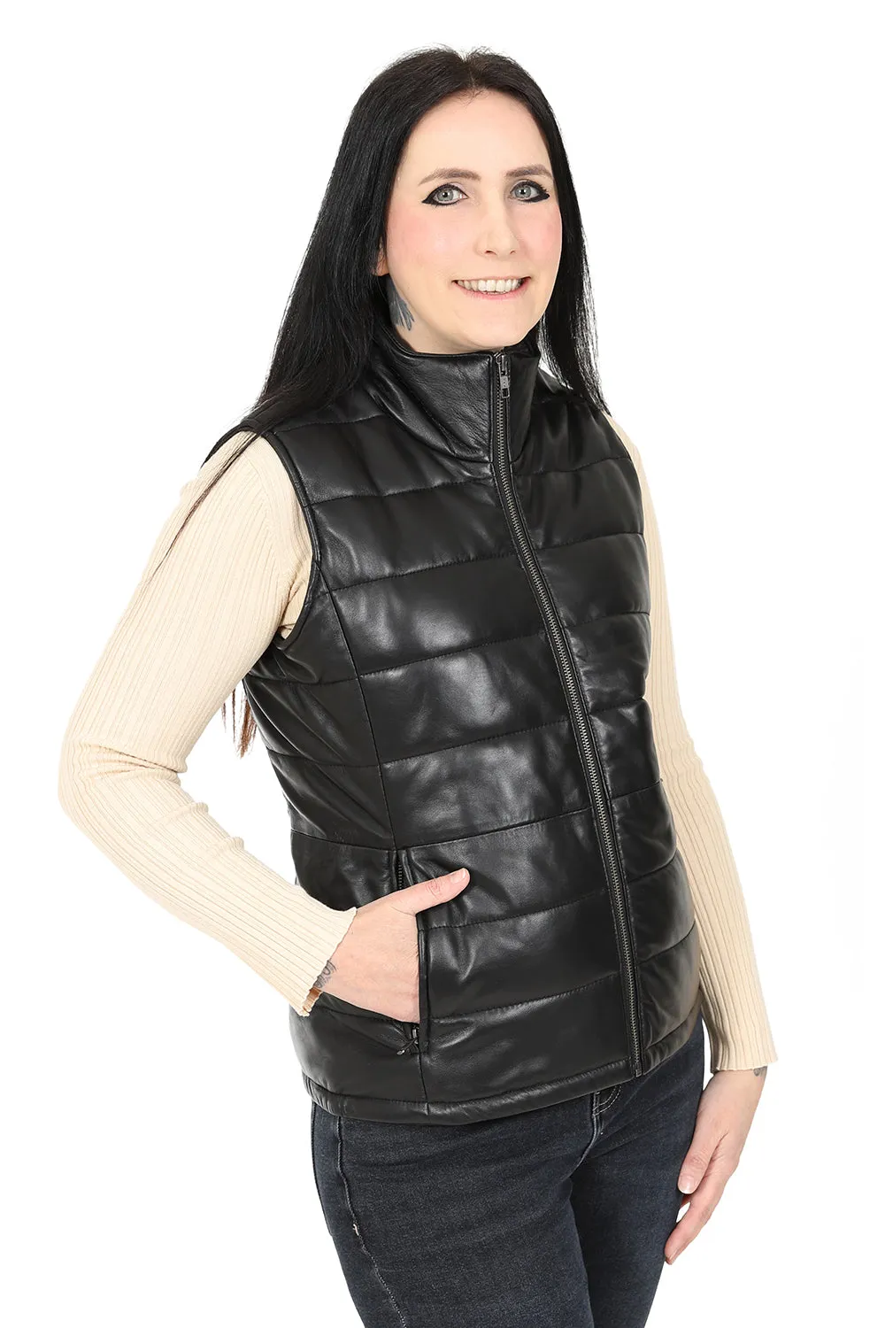 Women's Black Quilted Leather Gilet - SAMANTHA