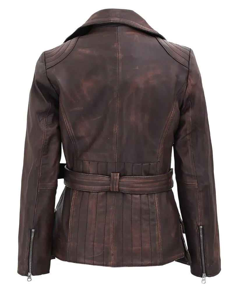 Womens Four Pocket Asymmetrical Distressed Brown Leather Jacket