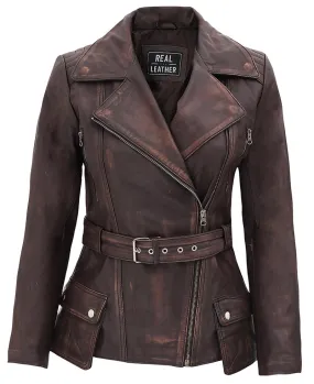 Womens Four Pocket Asymmetrical Distressed Brown Leather Jacket