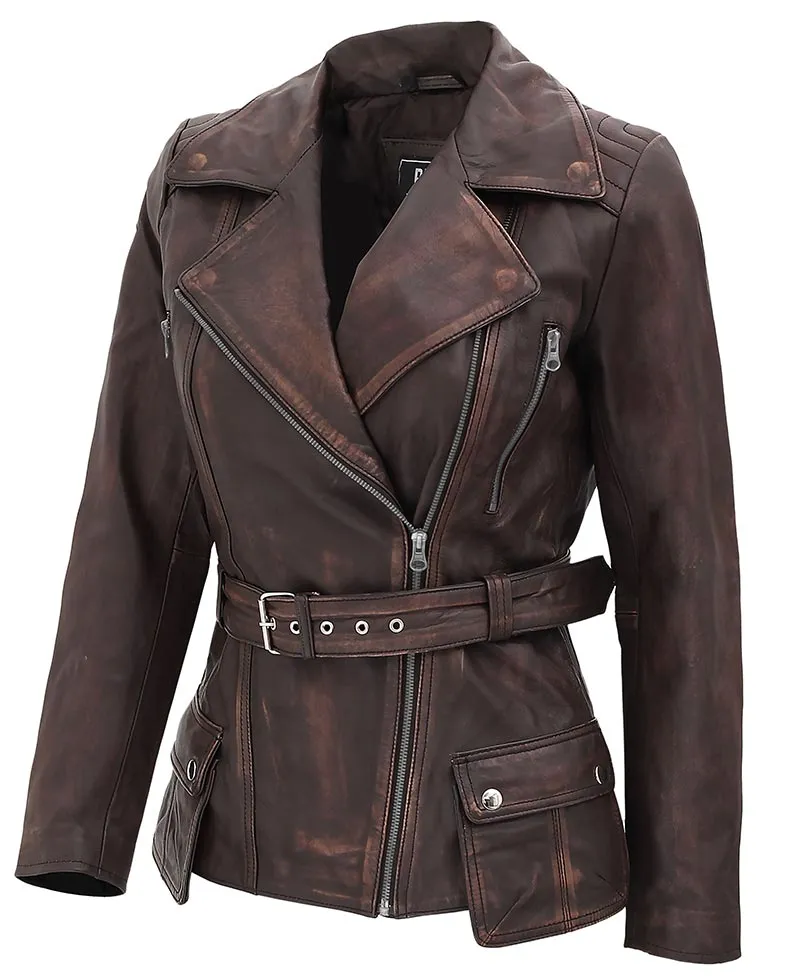 Womens Four Pocket Asymmetrical Distressed Brown Leather Jacket