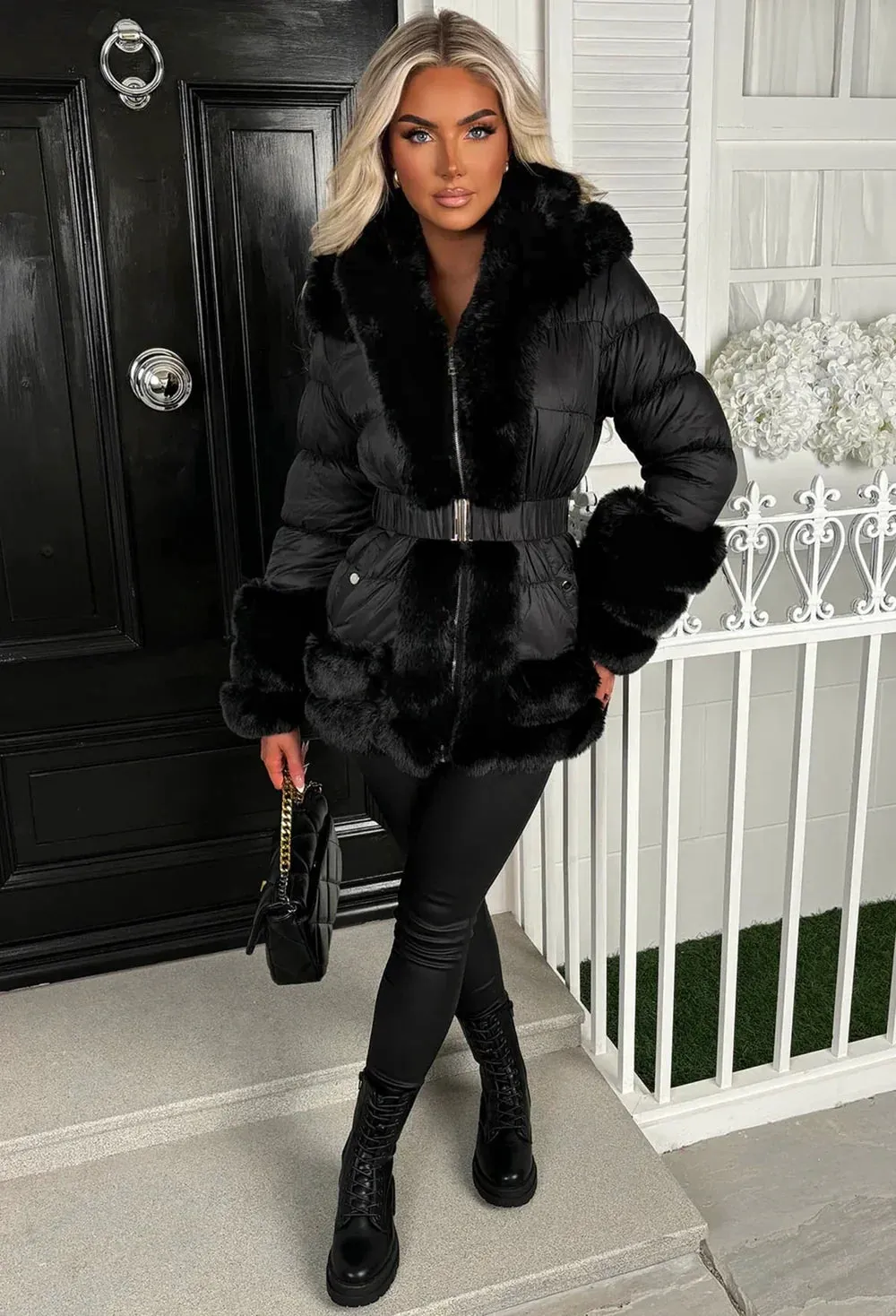 Wrapped In Romance Black Faux Fur Trim Belted Puffer Coat