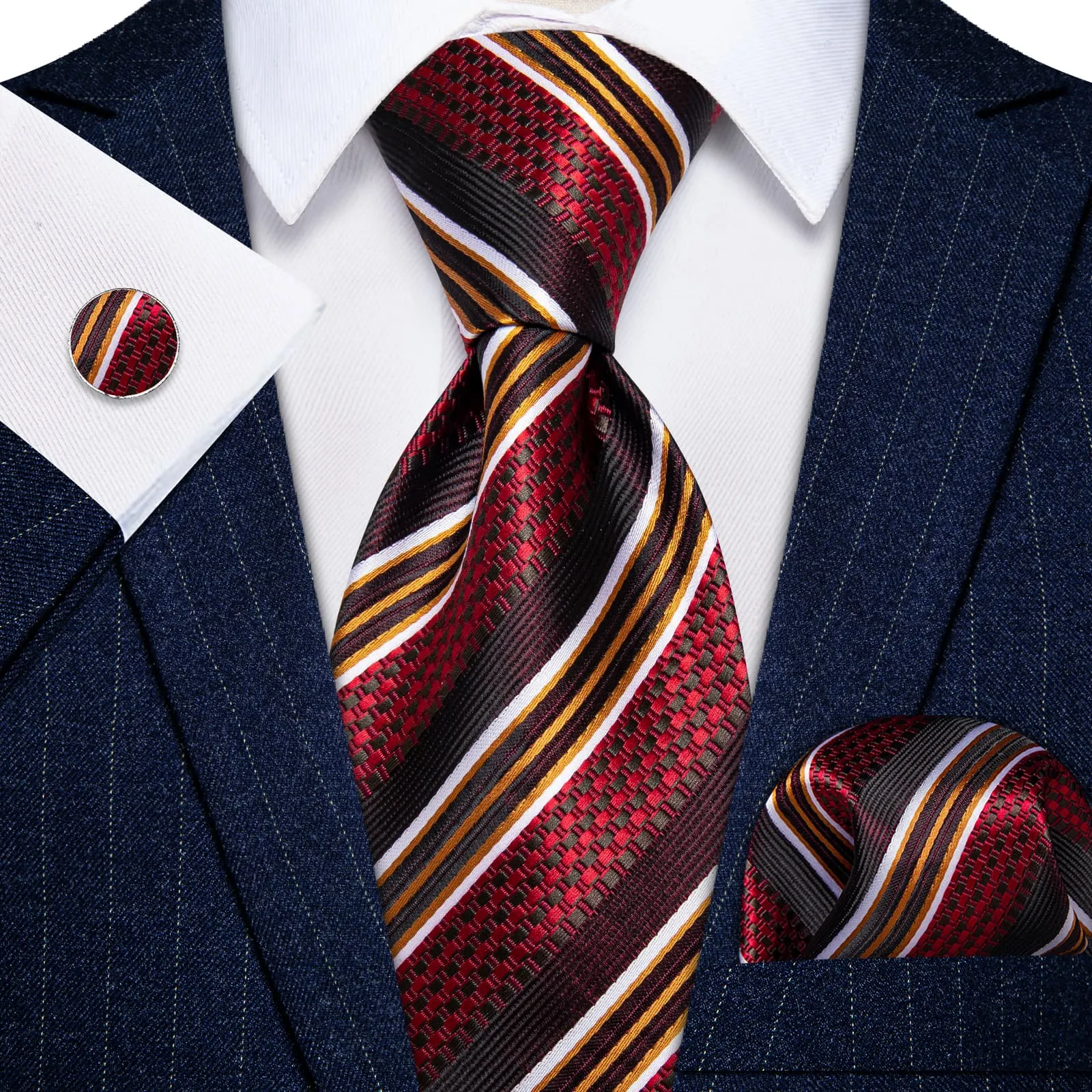 YourTies Black Solid Long Sleeve Shirt with Red Burgundy Striped Silk Tie for Men