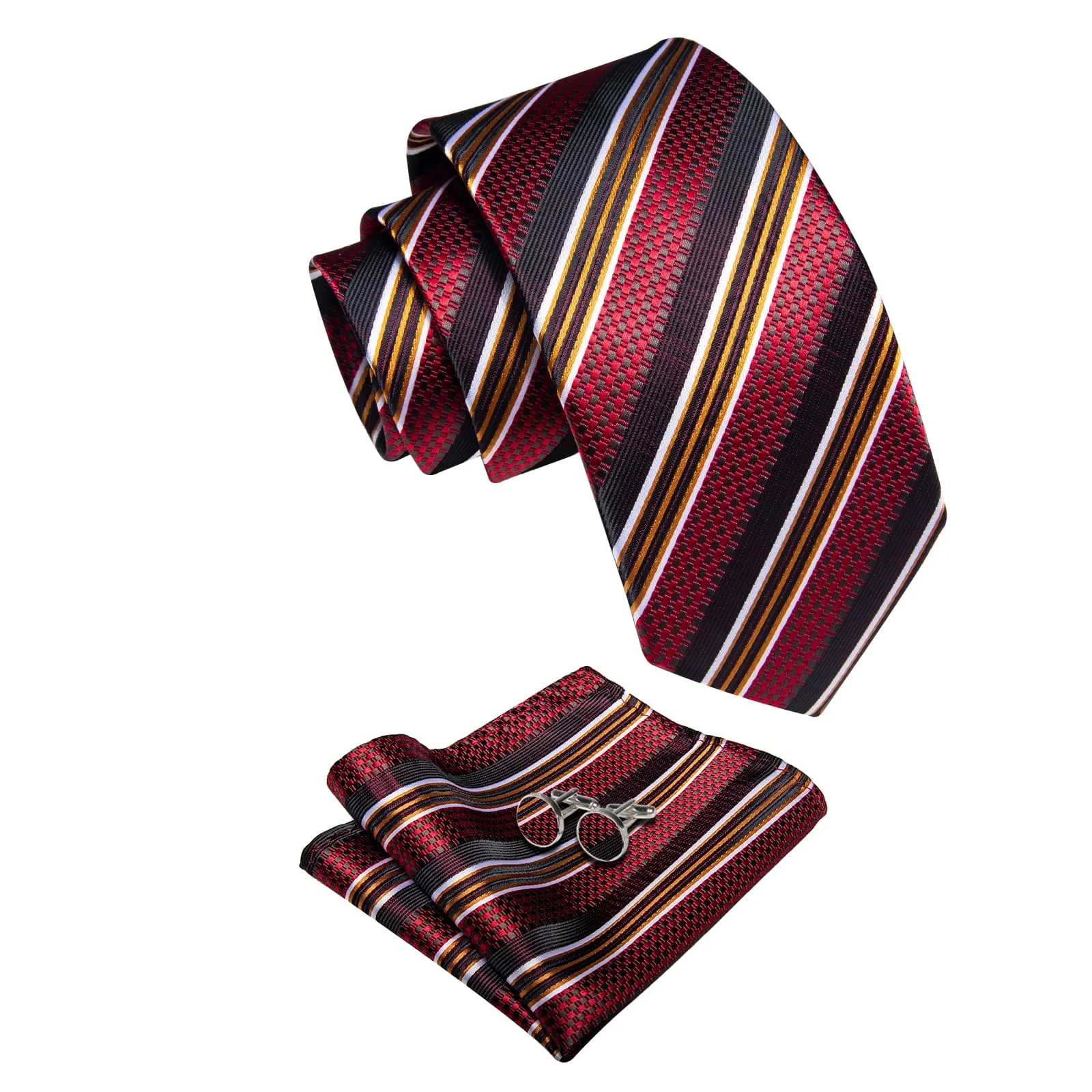 YourTies Black Solid Long Sleeve Shirt with Red Burgundy Striped Silk Tie for Men