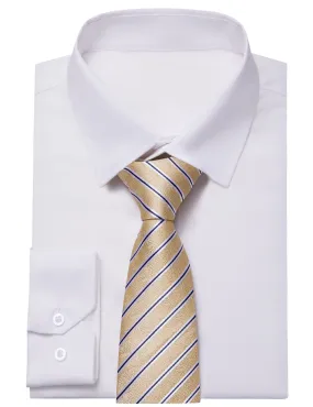 YourTies White Solid Long Sleeve Shirt with Champagne Striped Silk Tie for Men